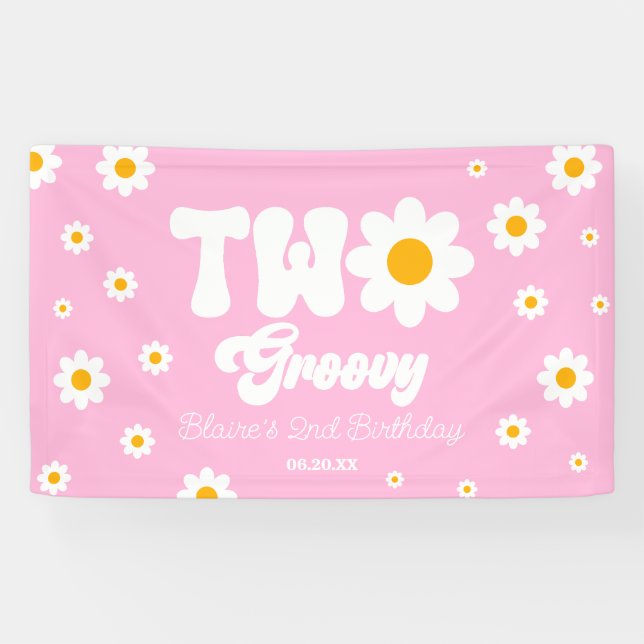 Retro Daisy Flower Two Groovy 2nd Birthday Party Banner (Horizontal)