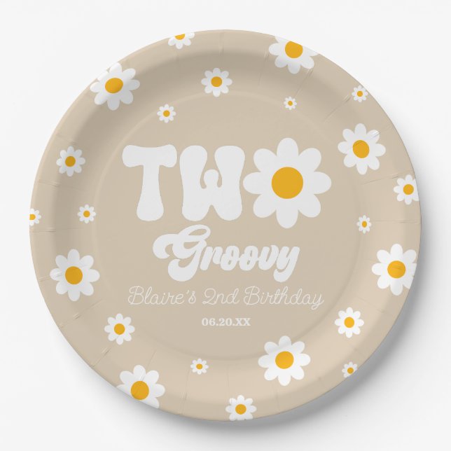 Retro Daisy Flower Two Groovy 2nd Birthday Party Paper Plate (Front)