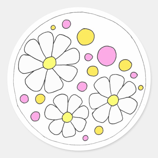Retro Daisy Flowers with Pink and Yellow Circles Classic Round Sticker (Front)