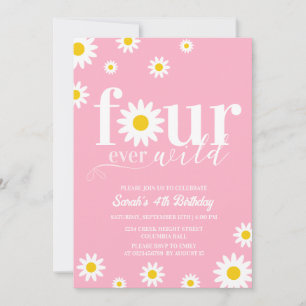 Retro Daisy Four Ever Wild Pink White 4th Birthday Invitation