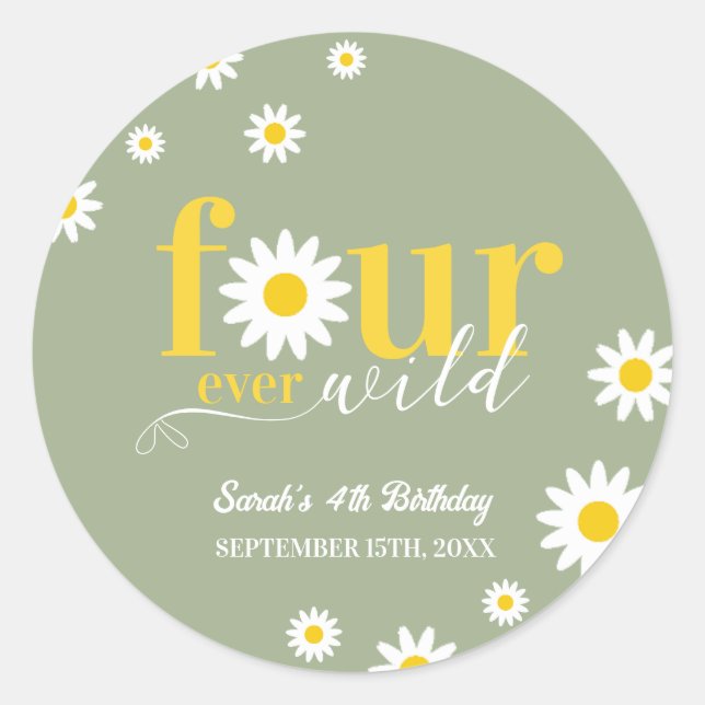 Retro Daisy Four Ever Wild Sage Green 4th Birthday Classic Round Sticker (Front)