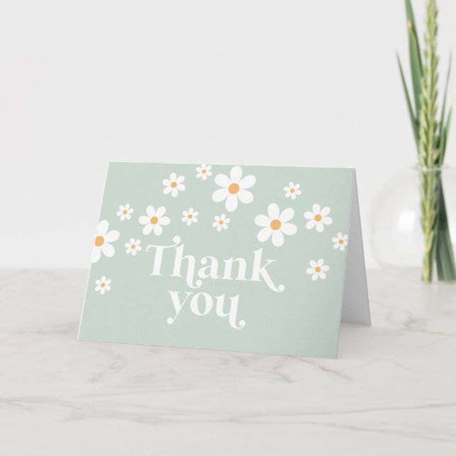 Retro Daisy green boho thank you card (Front)