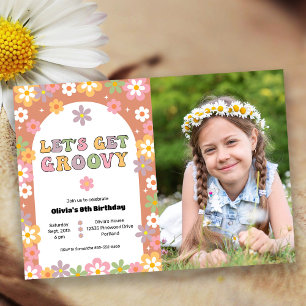 Retro Daisy Groovy Girl's Photo Birthday Party Invitation