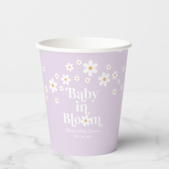 Retro Daisy lavender Baby in Bloom Baby Shower Paper Cups (Front)