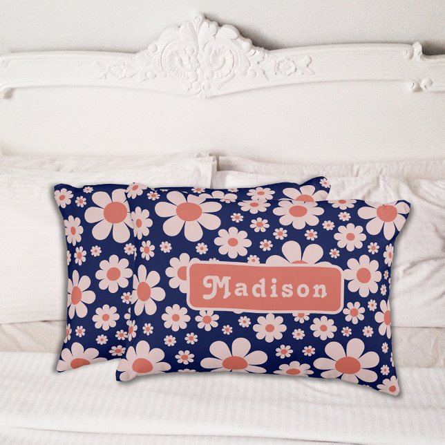 Retro Daisy Name Navy Blue Pillowcase (Retro 70s vintage daisy navy blue and orange pattern with groovy typography personalized pillow case)