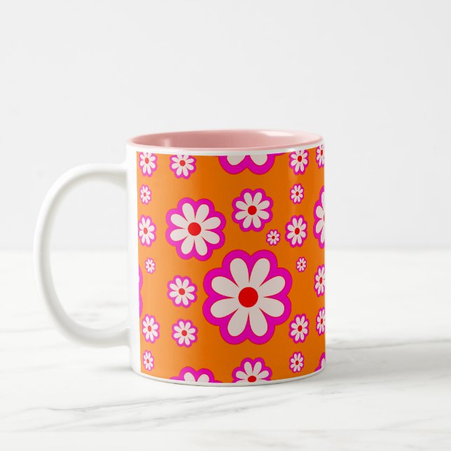 Retro Daisy Pattern Orange& Pink BOHO Chic Floral Two-Tone Coffee Mug (Left)
