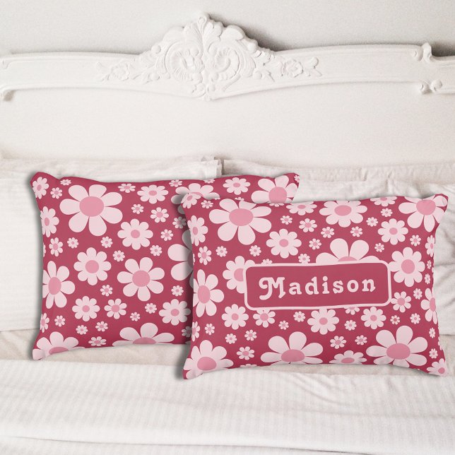 Retro Daisy Pattern Pink Personalized Pillowcase (Retro 70s vintage pink daisy pattern groovy typography boho personalized pillow case)