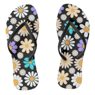 Retro Daisy Pattern Simple.01. Black BG Flip Flops