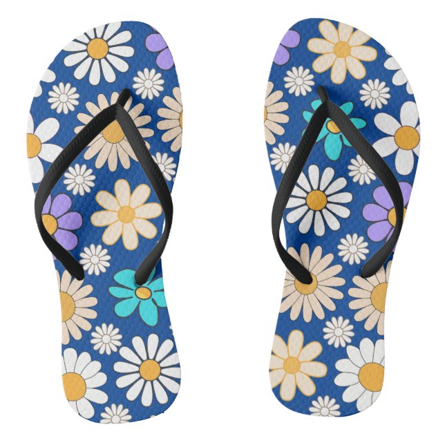 Retro Daisy Pattern Simple.01. Blue BG Flip Flops (Footbed)