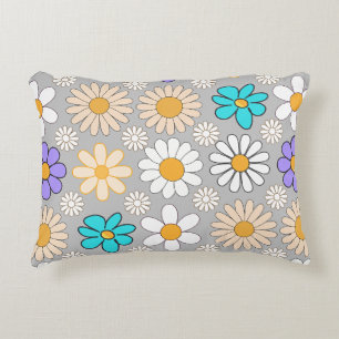 Retro Daisy Pattern Simple.01. Grey BG Accent Pillow
