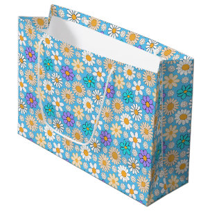 Retro Daisy Pattern Simple.01. L Blue BG Large Gift Bag