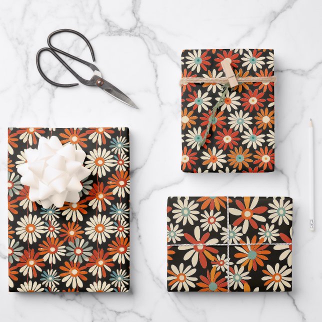 Retro Daisy Pattern with Warm Hues on Black Wrapping Paper Sheet (Front)
