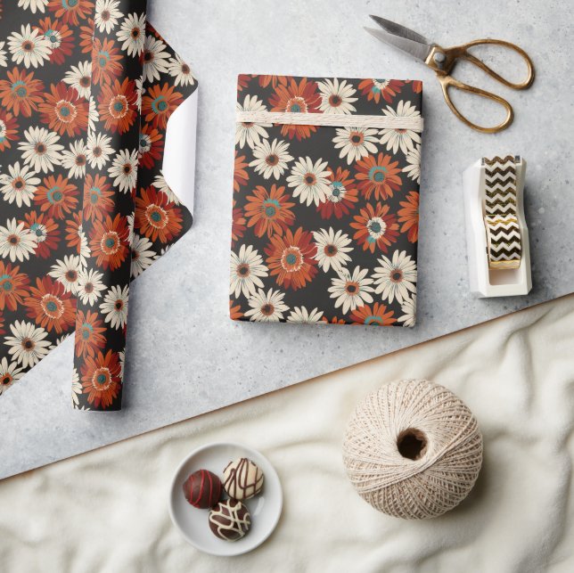 Retro Daisy Pattern with Warm Tones on Black Wrapping Paper (Crafts)