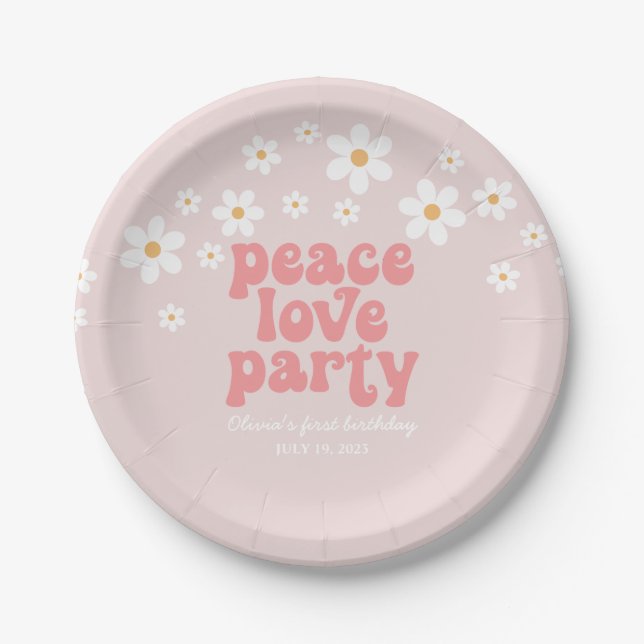 Retro Daisy Peace Love Party Birthday Paper Plate (Front)