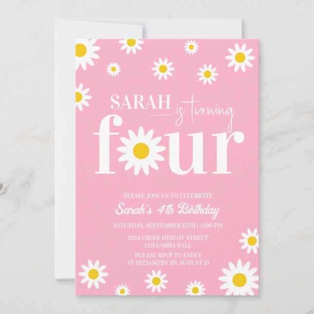 Retro Daisy Pink and White 4th Birthday Invitation (Front)