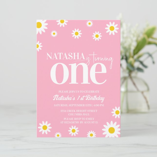 Retro Daisy Pink and White Minimal 1st Birthday  Invitation (Standing Front)