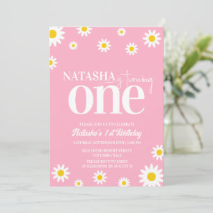 Retro Daisy Pink and White Minimal 1st Birthday Invitation