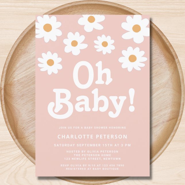 Retro Daisy Pink Baby Shower Invitation (Creator Uploaded)