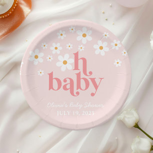 Retro Daisy Pink boho Baby Shower Paper Plate