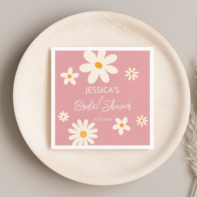 Retro daisy pink boho desert pink bridal shower napkin (Retro daisy pink boho desert pink bridal shower monogrammed personalized printed napkins table decor)