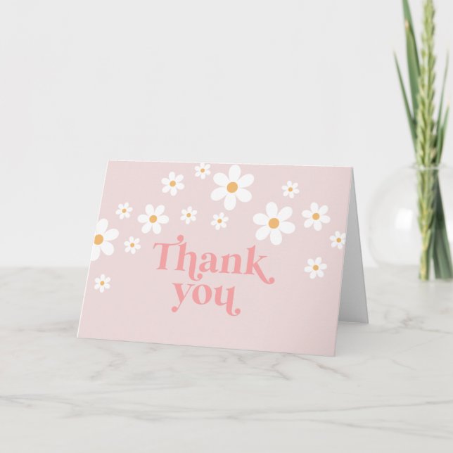 Retro Daisy Pink boho thank you Card (Front)
