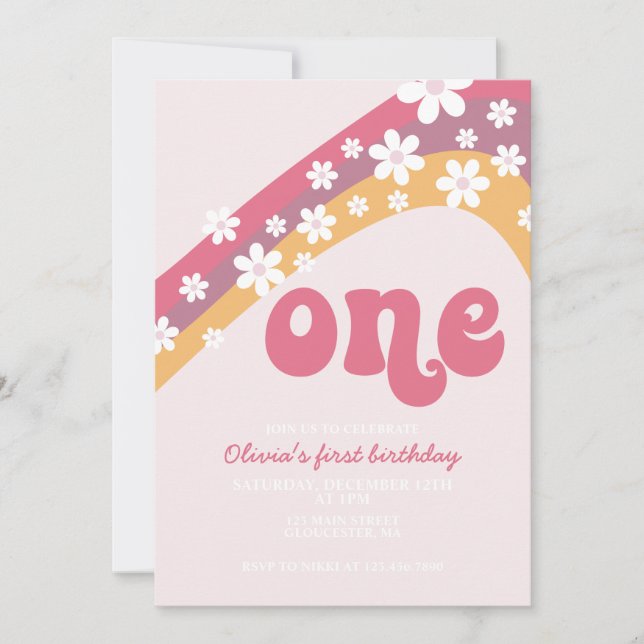 Retro Daisy Pink Rainbow first birthday Invitation (Front)