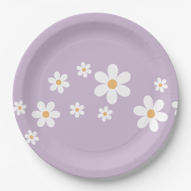 Retro Daisy purple Floral Paper Plates (Front)