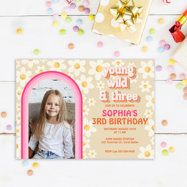 Retro Daisy Rainbow 3rd Birthday Photo Invitation  (Creator Uploaded)
