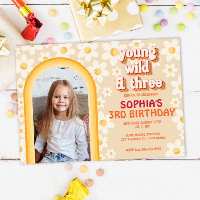 Retro Daisy Rainbow 3rd Birthday Photo Invitation  (Creator Uploaded)