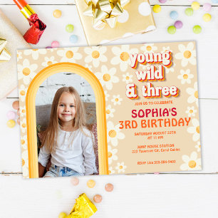 Retro Daisy Rainbow 3rd Photo Birthday Invitation