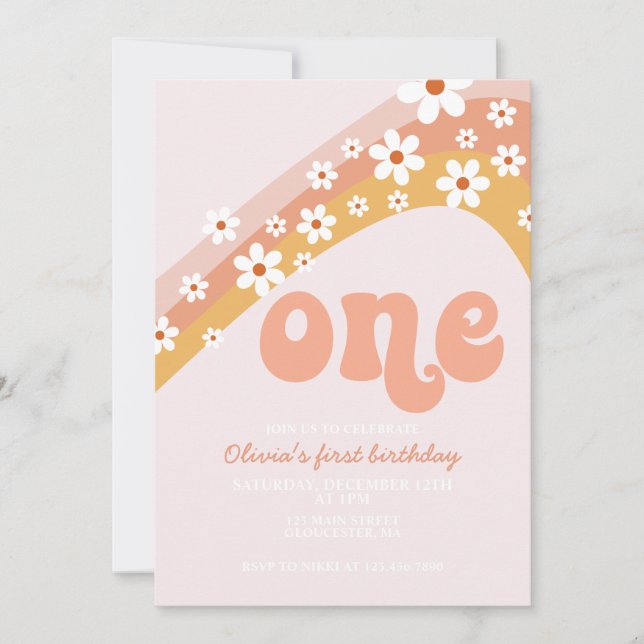 Retro daisy rainbow first birthday invitation (Front)