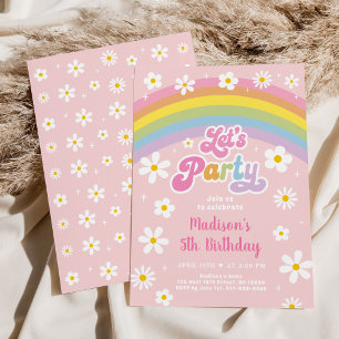 Retro Daisy Rainbow Let's Party Birthday Invitation
