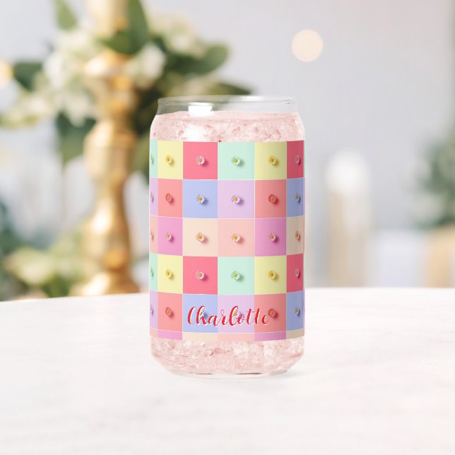 Retro daisy Red Pink Blue Flowers pattern Birthday Can Glass (Insitu (Wedding))