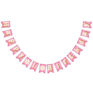 Retro Daisy Sunburst Pink Happy 1st Birthday  Bunting Flags