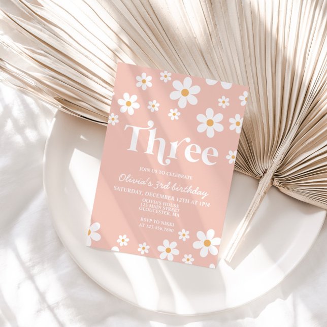 Retro Daisy THREE Floral 3rd Birthday Invitation (Creator Uploaded)