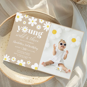 Retro Daisy Three Floral 3rd Birthday Photo Invitation