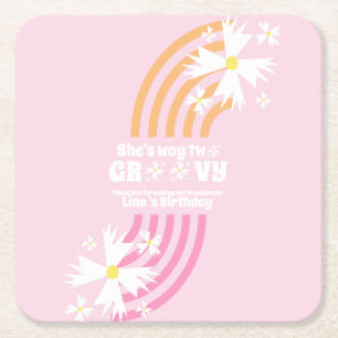 Retro Daisy Way Two Groovy Rainbow Party Square Paper Coaster