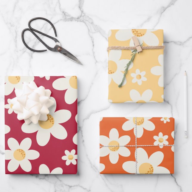 Retro Daisy Wrapping Paper Sheets | Groovy Floral  (Front)