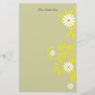 Retro Daisy Yellow Filigree Border Personalized Stationery