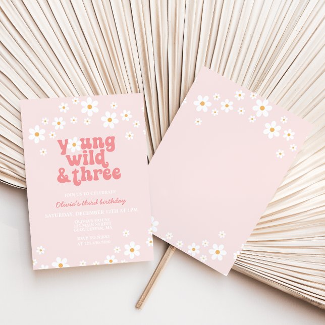 Retro Daisy Young Wild Three Floral 3rd Birthday Invitation (Creator Uploaded)