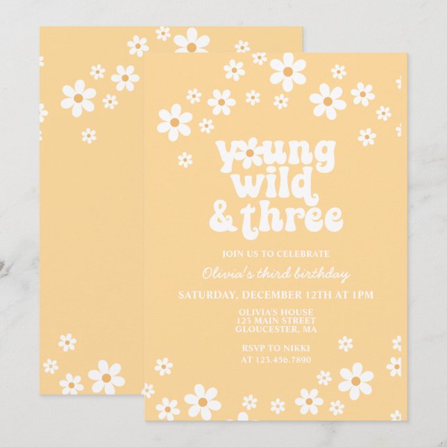 Retro Daisy Young Wild Three yellow 3rd birthday Invitation (Front/Back)