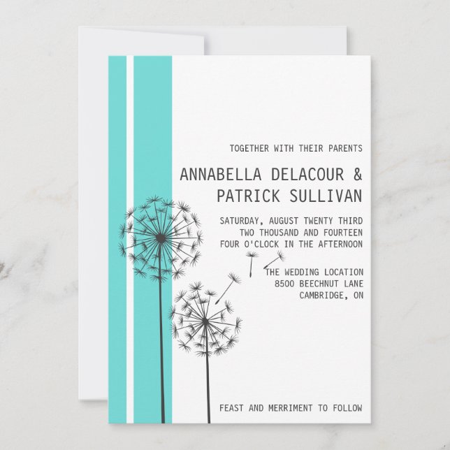 Retro Dandelions Blue Minimalist Wedding Invitation (Front)