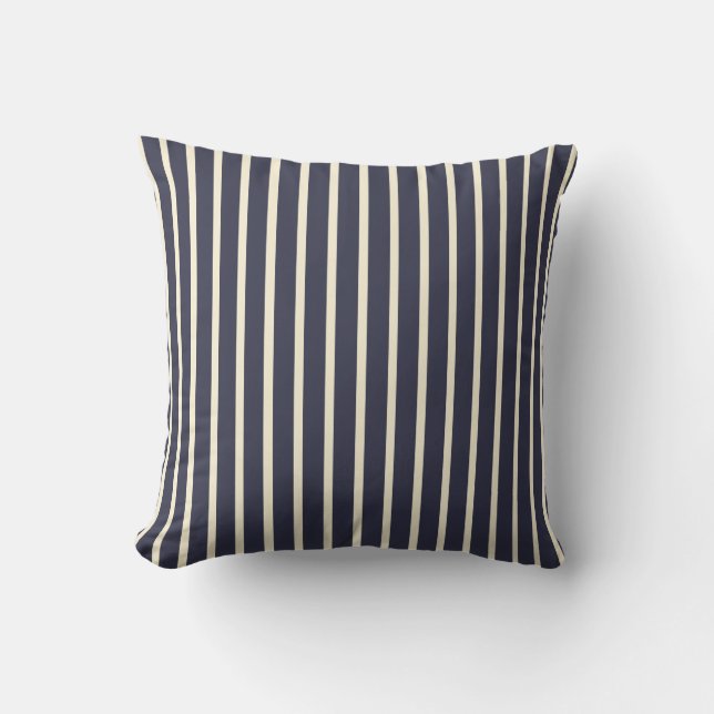 Retro Dark Blue & Cream Ticking Stripes French Throw Pillow (Front)