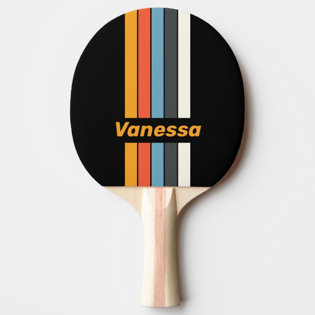Retro Dark Rainbow Pin Striped with Name Ping Pong Paddle (Front)