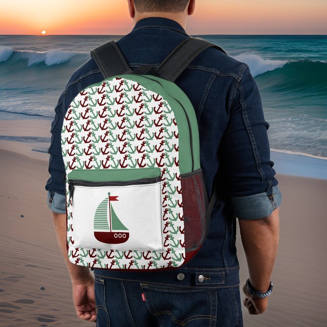 Retro Dark Red and Sage Sailboat Anchors Monogram Printed Backpack (Creator Uploaded)