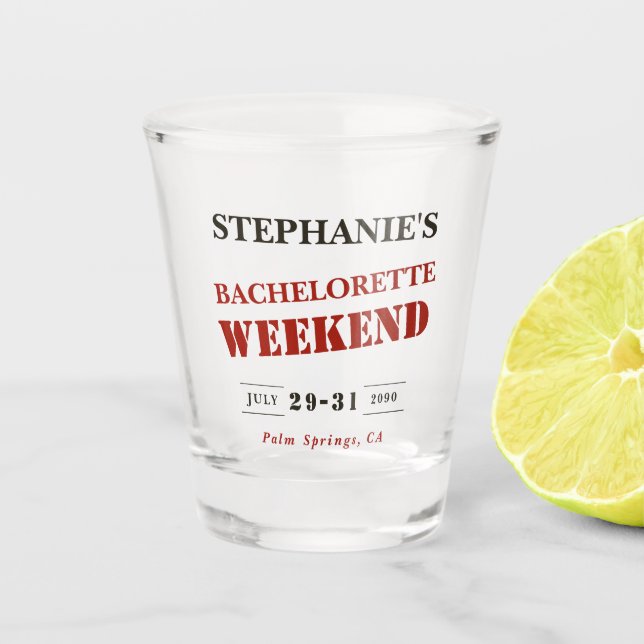 Retro Dark Red, Black & White Bachelorette Weekend Shot Glass (Front)