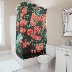 Retro Dark Red Roses Polka Dot Floral Pattern