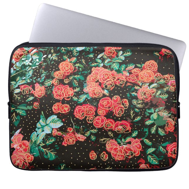 Retro Dark Red Roses Polka Dot Floral Pattern Laptop Sleeve (Front)