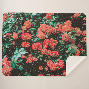 Retro Dark Red Roses Polka Dot Floral Pattern Sherpa Blanket