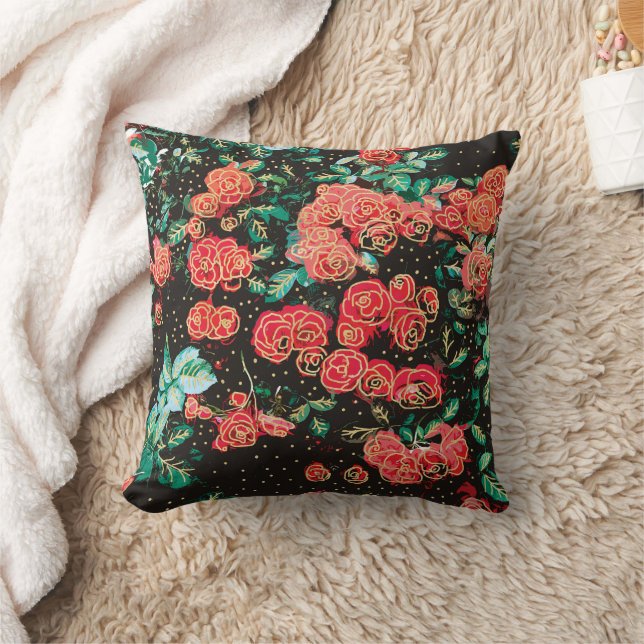 Retro Dark Red Roses Polka Dot Floral Pattern Throw Pillow (Blanket)